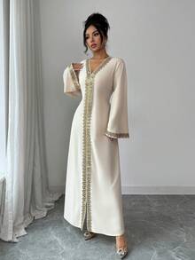 Elenzga 女士编织优雅长款秋季连衣裙 - 杏色 - 查看 3