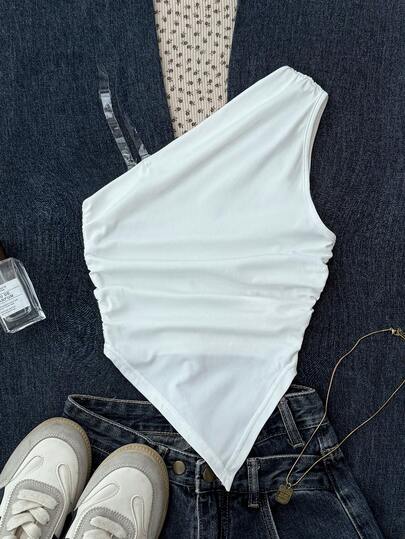 SHEIN 少女纯色褶皱不对称下摆休闲百搭日常上衣