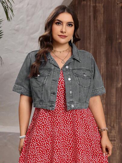 EMERY ROSE Plus Size Summer Casual Short Sleeve Cropped Denim Jacket