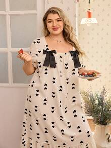 CottageSlumber Plus Size Heart Print Loose Scoop Neck Bow Decor Short Sleeve Long Nightgown - Apricot - View 6