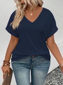 EMERY ROSE Women's V-Neck Flared Cuff, Ombre Heart Print Casual Versatile T-Shirt, Spring/Summer - Navy Blue - View 6