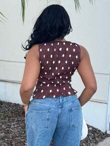 Alexandranx 女士波点腰休闲街头风格圆领无袖上衣 - 棕色 - 查看 2