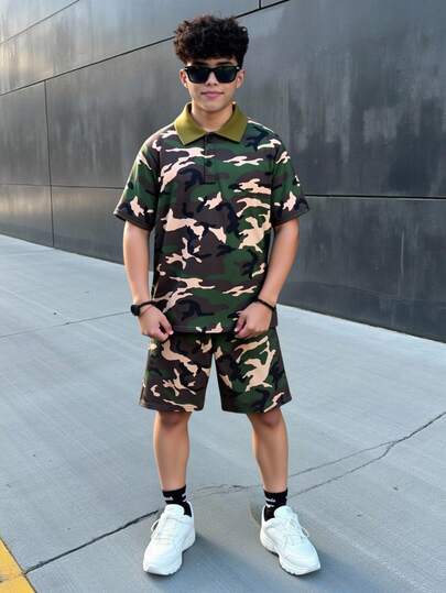 SHEIN 2pcs/Set Tween Boy Loose Camouflage Pattern Lapel Turndown Collar Short Sleeve Polo Shirt And Shorts Set, Casual Outfit For Commuting, School, Daily, Sports, Suitable For Spring/Summer Suitable For Daily Use Suitable For School Suitable For Travel Suitable For Sports