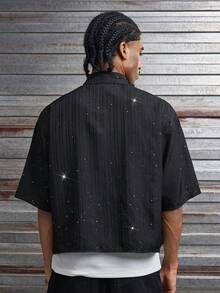 AXEPEAK Men's Rhinestone Decor Fashionable Short Sleeve Casual Shirt - Black - View 4