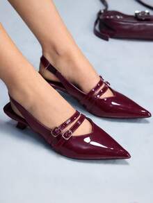 CUCCOO GRLICON Giày cao gót nữ đính đinh tán và khóa cài - Màu Đỏ Sâu - Xem 4