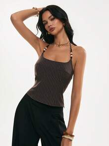 Poéselle 女士休闲性感波西米亚度假风条纹印花露背串珠打结吊带上衣，夏季 - 咖啡棕 - 查看 5