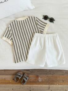 2 pezzi/set Completo casual per ragazzo giovane composto da polo a maniche corte a righe color albicocca e pantaloncini bianchi, adatto per feste di compleanno, rave, feste serali, performance, matrimoni - Multicolore - Visualizzare 2
