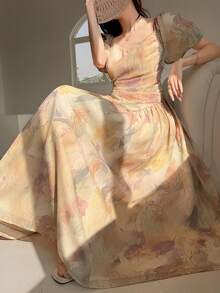 DAZY Đầm midi ngắn tay xếp ly in họa tiết trái tim thanh lịch dành cho nữ, thích hợp cho lễ Phục sinh. - Hồng - Xem 3