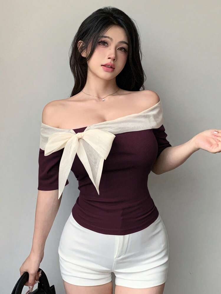 Women's Off Shoulder Contrast Color Bow Decor Fitted Short Sleeve T-Shirt Summer