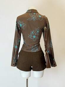 Jeanoix 女士印花条纹长袖单排扣休闲衬衫 - 彩色 - 查看 2