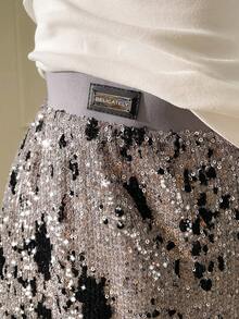 SHEIN Unity Spring Autumn Black And Silver Velvet Shiny Sequin Skirt,Adjustable Elastic Waist,Seksi Chic Night Out Elegant Party Office Business 90s Retro Skirt - Grey - View 5