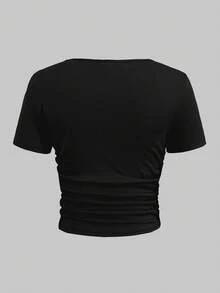 SHEIN 3pcs/Set Tween Girls' Fitted Casual Ribbed Crew Neck Ruched Short Sleeve T-Shirts - Grey - View 2