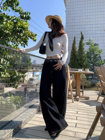 DAZY Women's Contrast Color Pocket Korean Style Casual Loose Jeans