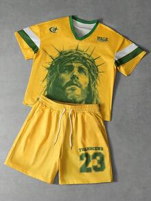 Manfinity Campus Court Set Kaos Pria Warna Kuning Gaya Streetwear Musim Panas, Liburan Kota, Fashion Personalisasi, Motif Yesus Ukuran Besar, Set Olahraga Sepak Bola, Blok Warna Hijau - Kuning - View 3