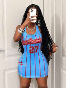 SHEIN BamGlam Đầm ngắn nữ mùa hè kiểu hiphop đường phố vintage kẻ sọc phối màu in số thể thao. - Nhiều màu - Xem 4