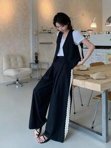 DAZY 女士V领纯色休闲背心和九分裤两件套家居服套装 - 黑色 - 查看 6