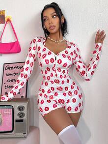 Eraneu Women's Sexy Red Lip Print Front Closure Bodysuit Lingerie - Red and White - View 1