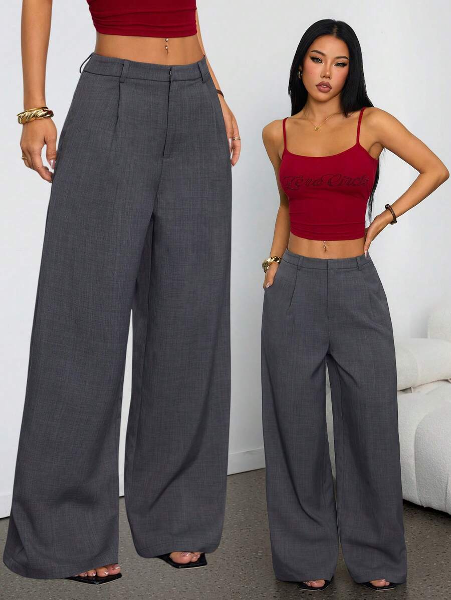 SHEIN PETITE 女士商务休闲裤 女士西式服装 女士阔腿裤 女士办公室服装 宽松裤 专业女士服装 办公室着装 灰色 - 深灰色 - 查看 1