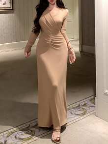 DAZY Minimalist Pleated Design Waist-Cinched Long Knit Dress For Women, Loungewear - Khaki - View 5