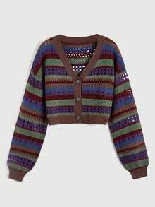 ROMWE Plus Size Hippie Vintage Hollow-Out Colorful Striped Cardigan - Multicolor - View 1