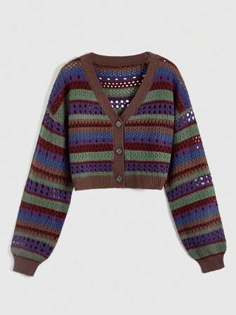 Cardigan vintage hippie coloré rayé et ajouré grande taille