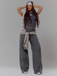 MUSERA 撞色系带衬衫腰部细节阔腿牛仔裤街头风酷女孩冬季性感休闲另类风 - 深灰色 - 查看 1