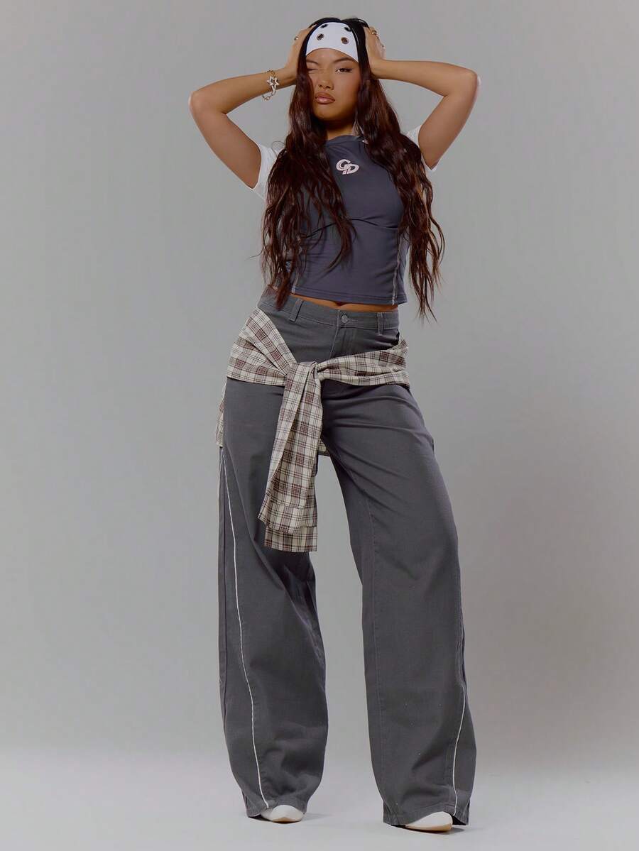 MUSERA 撞色系带衬衫腰部细节阔腿牛仔裤街头风酷女孩冬季性感休闲另类风 - 深灰色 - 查看 1