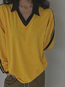 DAZY Áo thun nữ tay dài cổ chữ V dáng rộng phối màu tương phản, màu vàng, thích hợp cho mùa xuân/hè/thu. - Màu vàng - Xem 8