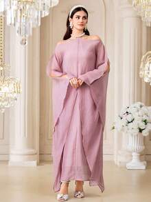 Al Najma Women's Solid Color Off-Shoulder Split Sleeve Loose Turkish Maxi Dress Kaftans For Women - Pink - View 5