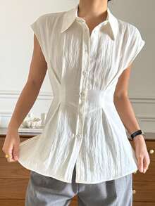 DAZY Women's Casual Solid Color Collared Shirt, Summer - White - View 7