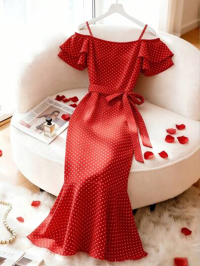 Franclia Vestido de mujer elegante y casual de verano con tirantes finos, hombros descubiertos, volantes en las mangas, cintura ceñida y bajo de cola de pez, color rojo