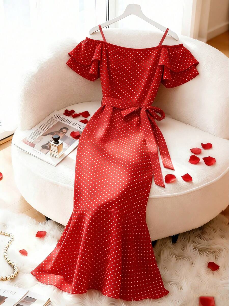 Franclia Women's Elegant Casual Daily Spaghetti Strap Off-Shoulder Ruffle Cap Sleeve Cinched Waist Fishtail Hem Dress, Red, Summer - Red - View 1