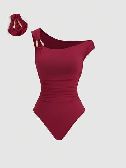 Sweetra Bodyduit con decoración de hebilla de metal burdeos, asimétrico con hombro fruncido, súper elástico y cómodo, diseño minimalista elegante para mujer, para primavera/verano, vacaciones, playa, uso diario