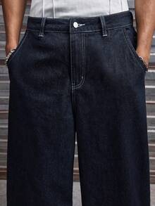 AXEPEAK 男士休闲水洗字母印花明线牛仔裤 - 藍色 - 查看 6