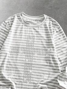 ROMWE MEN Goth Spring Casual Graphic Men'S Striped Rivet Cross Slim Fit Long Sleeve T-Shirt - Grey - View 4