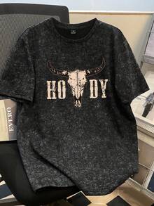 Manfinity Joysei Men's Vintage Denim Print Distressed Short Sleeve T-Shirt - Black - View 1