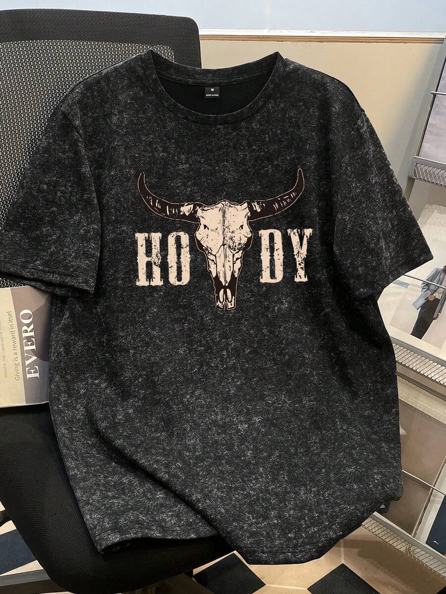 Manfinity Joysei Men's Vintage Denim Print Distressed Short Sleeve T-Shirt - Black - View 1