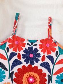 Emery Rose Kids Emery Rose Kids Young Girl Tropical Beach Ditsy Floral Print Bow Decor One-Piece Swimwear For Summer Beach Vacation, Mom And Daughter & Sisters Matching Style Matching , Matching Family Vacation , Holidays - Orange - View 5