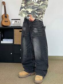 STEELVANCE 复古做旧猫须破洞口袋阔腿牛仔裤，复古街头风宽松直筒牛仔裤 - 黑色 - 查看 5