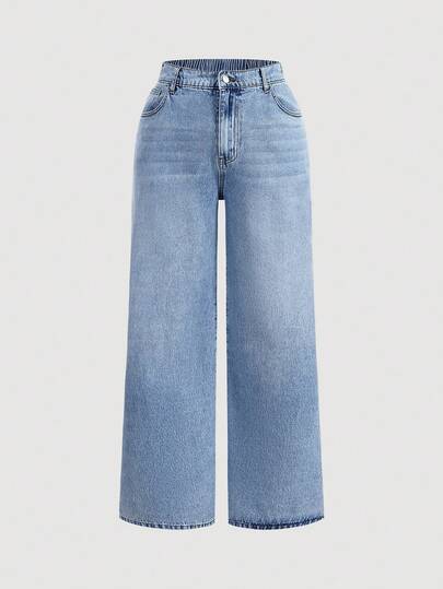 SHEIN Tall CURVE Tall Plus Size Casual Elastic Waist Straight Leg Washed Denim Jeans, Baggy Jeans, Christmas Women Clothes Stacked Women Jeans