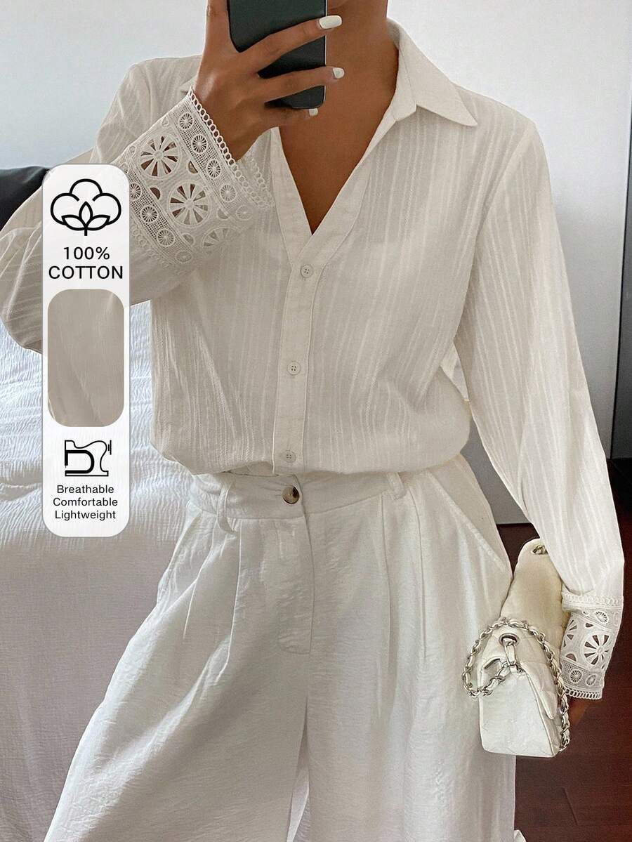 DAZY 夏季新款宽松休闲奶油黄色女式衬衫长袖上衣 - 白色 - 查看 1