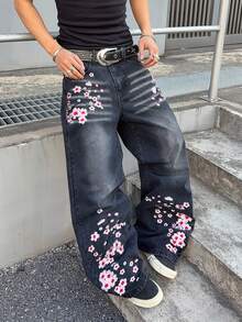 Manfinity EMRG Quần jeans ống rộng dáng suông kiểu vintage, được thêu hoa anh đào tinh tế và đính đinh tán, phong cách thời trang đường phố. - màu đen - Xem 3