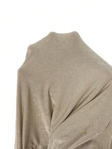 Lumalex 褶皱镂空金属装饰修身收腰长袖迷你连衣裙（女款） - 卡其色 - 查看 10