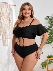 SHEIN CURVE+ 大码女士黑色荷叶边抽绳沙滩度假比基尼套装 - 黑色 - 查看 4