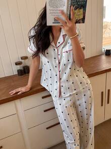 Napfluff 新款女士波点条纹短袖开襟睡衣套装 - 杏色 - 查看 2