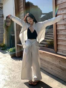 DAZY Women's Vertical Striped Shirt Set, Casual Loose Waist Tie Top And Wide Leg Pants 2-Piece Outfit, Summer - Apricot - View 4