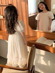 Dazy Kids Vestido de fiesta de cumpleaños de estilo coreano con mangas cortas abultadas y lunares en relieve para niña pequeña - Rosa - Ver 2