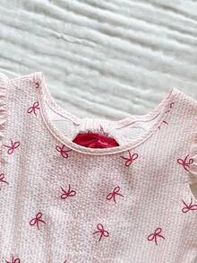 Vintaside Kids 女童优雅印花圆领荷叶袖露背蝴蝶结装饰腰部荷叶边下摆休闲时尚连衣裙，适合度假旅行，夏季穿着 - 粉色 - 查看 6
