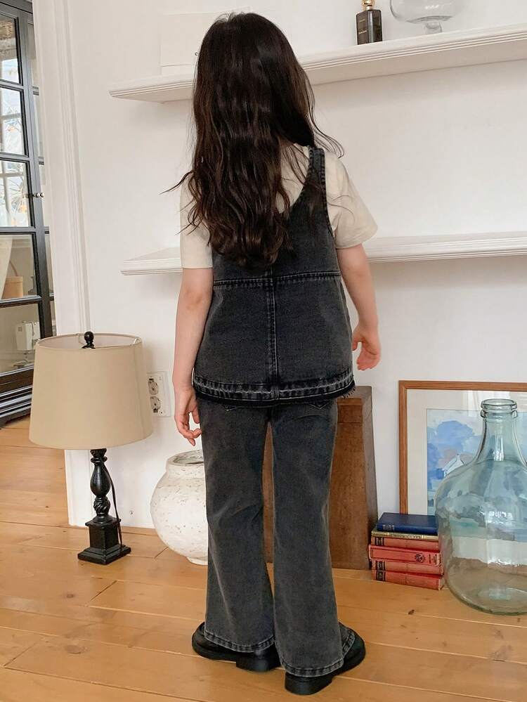 Young Girls Solid Color Washed Korean Style Shirt + Flared Korean Style Denim Jeans Set