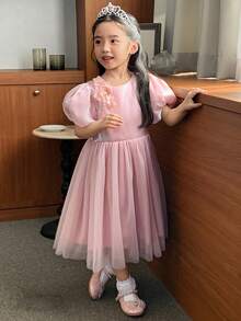 DAZY Young Girls Round Neck Floral Mesh Patchwork Formal Party Birthday Dress - Pink - View 5